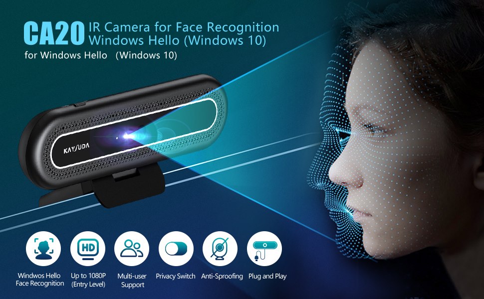 Kaysuda CA20 Face Recognition Camera for Windows Hello | Web Camera Up to 1080P with Dual Omnidirectional Microphone