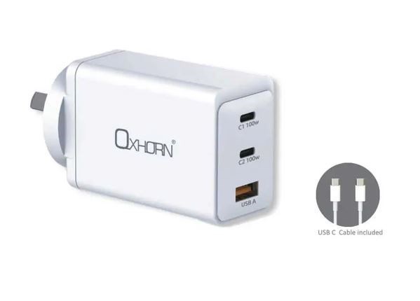 Just You PC Oxhorn Charger Accessories Ac 100W GaN Type C Fast Charger 3 Ports 2xUSB-C 1xUSB-A PD3.0 QC4.0+ PPS For Laptop/Mobile/Tablet/Other Device White