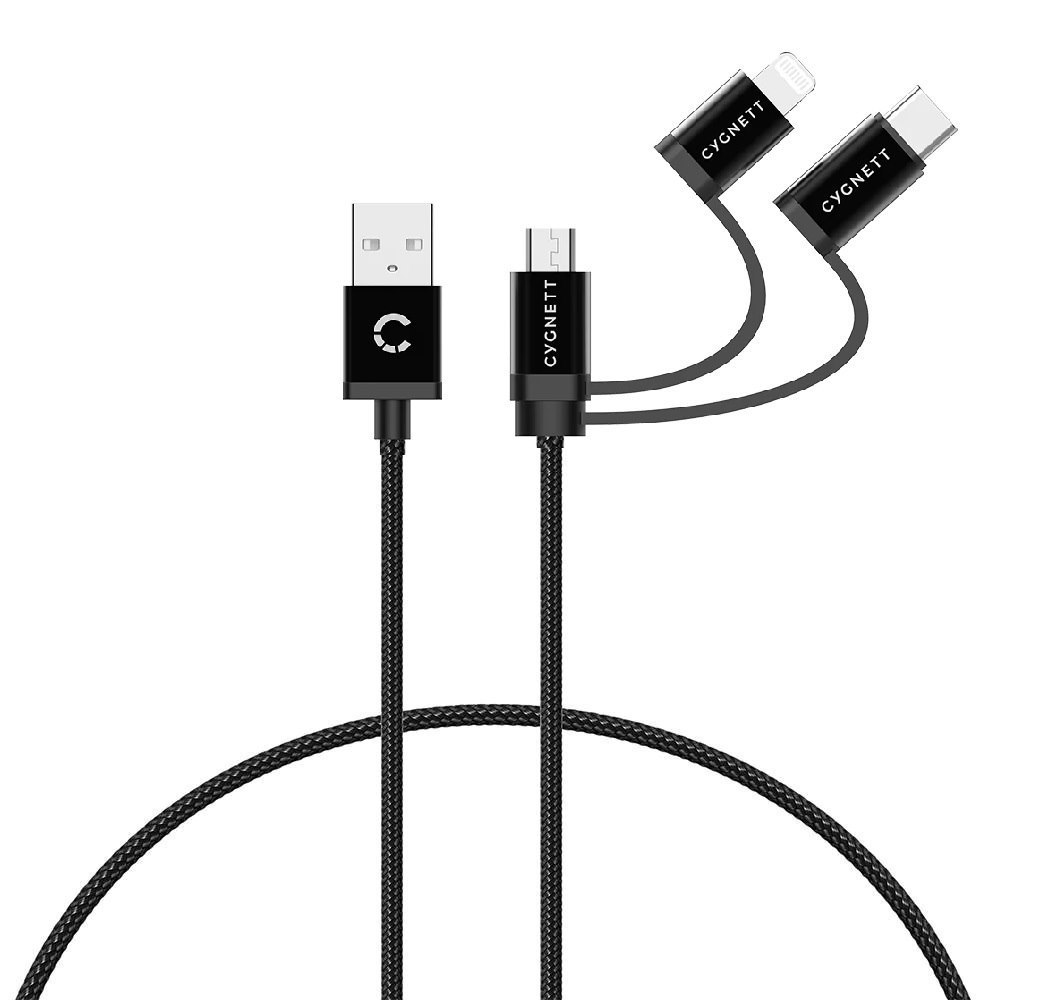 Cygnett 3-In-1 (Usb-A To Lightning + Usb-C + Micro-USB) Cable (1M) - Black (Cy3571cocab), 2.4A/12W, MFi, Fast Charging For iPhone & iPad, 2 YR. WTY.