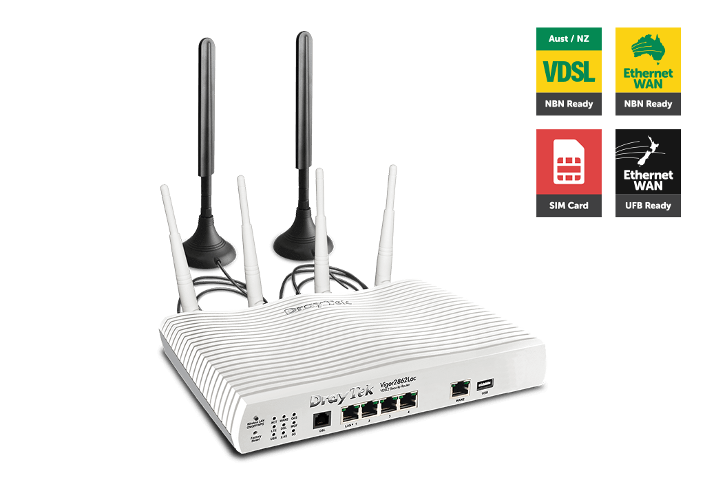 DrayTek Vigor2862LAC Multi Wan Firewall Router Vdsl2/Adsl2+ Gigabit 3G/4G Usb Wan Port Load Balance Fail-Over 4xGiga LANs CSM 32xVPNs ~Mod-Dv2860lac