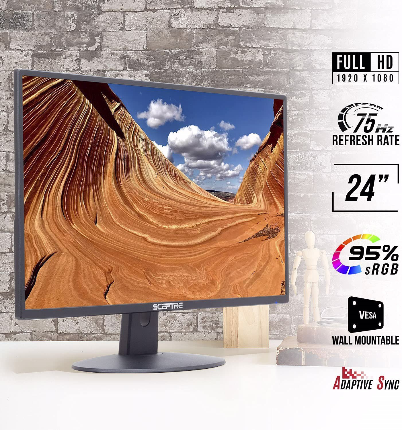 Sceptre 24" Professional Thin 75Hz 1080p LED Monitor 2x HDMI VGA Build-in Speakers, Machine Black (E248W-19203R Series)