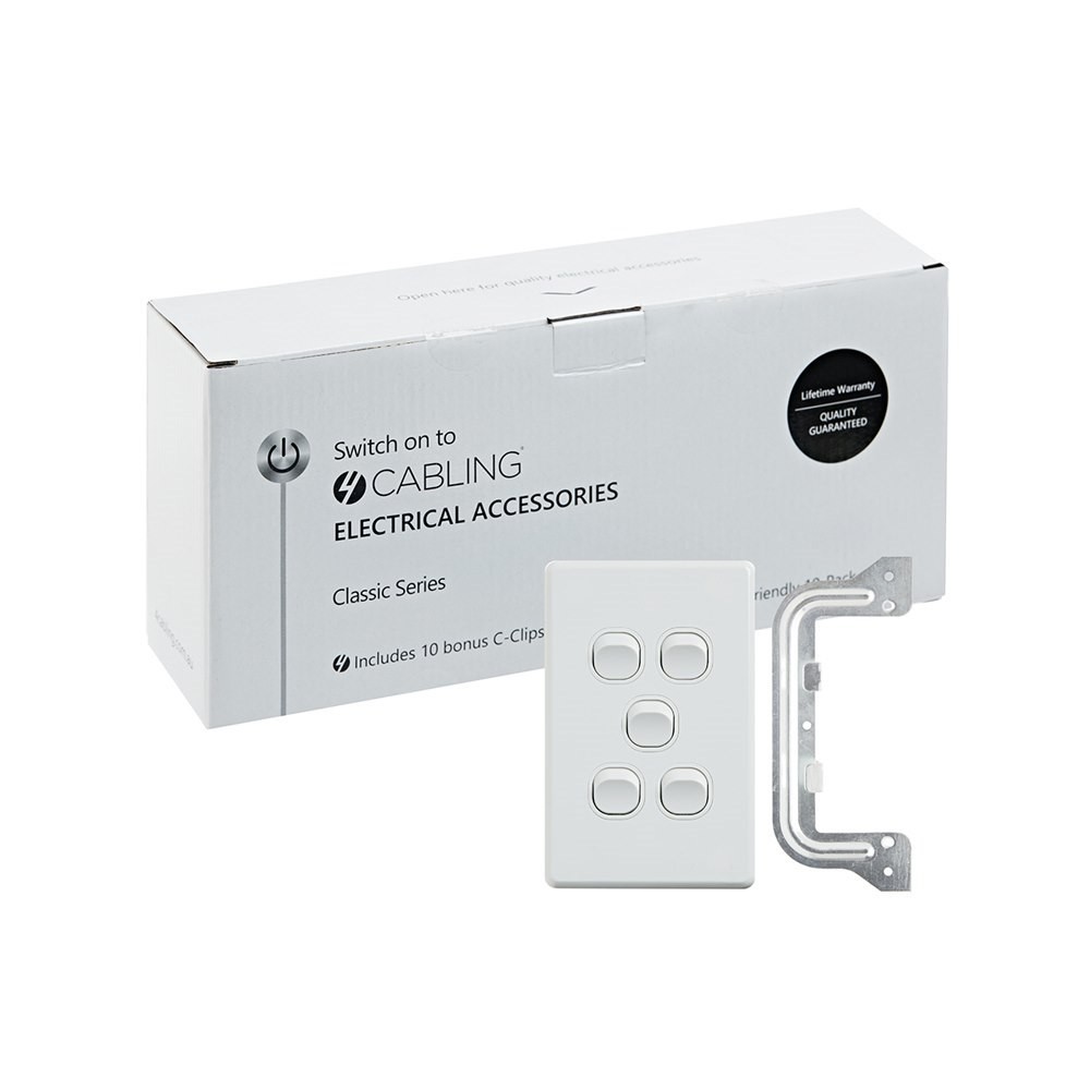 4Cabling 4C | Classic 5 Gang Switch 250V 16Ax - Vertical - 10 Pack With 10 Free C-Clips