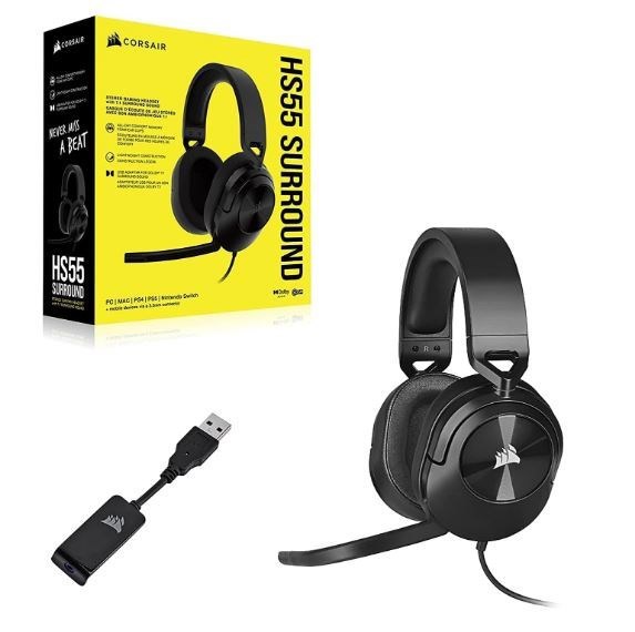 Corsair HS55 Carbon 7.1 Surround Gaming Headset, PS5, Switch. Icue, Discord Certified, Ultra Comfort Foam, Usb (LS)