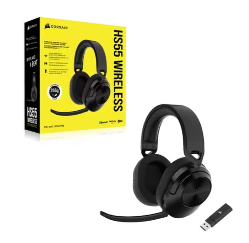 Corsair HS55 Wireless & Bluetooth Carbon, 7.1 Dolby, PS5, Switch. Mobile, Ultra Comfort Foam, Usb Receiver, 266G Light, 24HR Headset. 2023 Model (LS)
