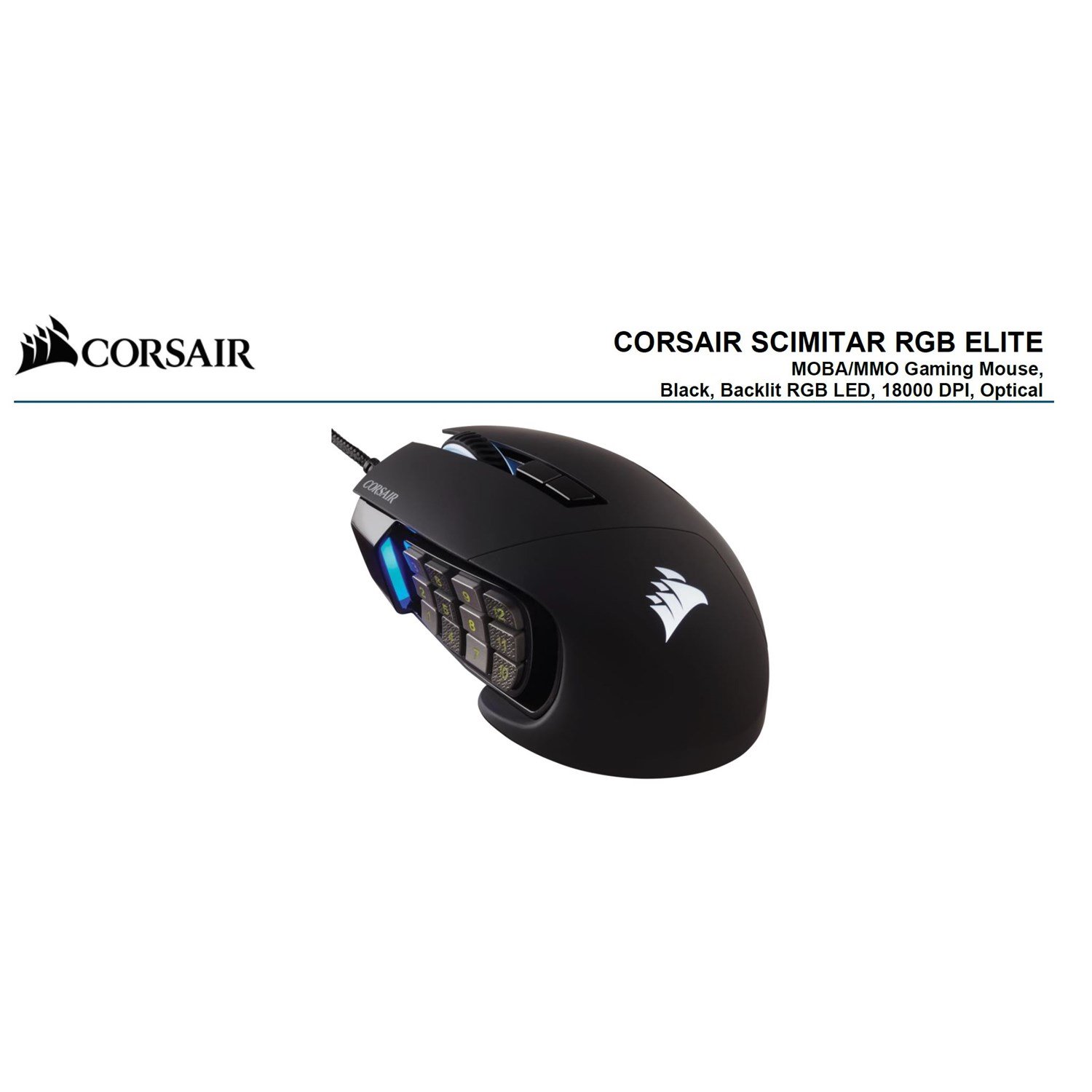 Corsair Scimitar RGB Elite Black Gaming Mice, 17 Programmable Buttons, 18,000 Dpi