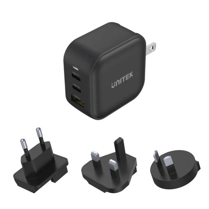 Unitek Travel Tri GaN 3 Ports 66W Charger With Usb PD, QC 3.0 In Black (Travel Charger), Gift Box Package With Eu/Uk/Au Plug