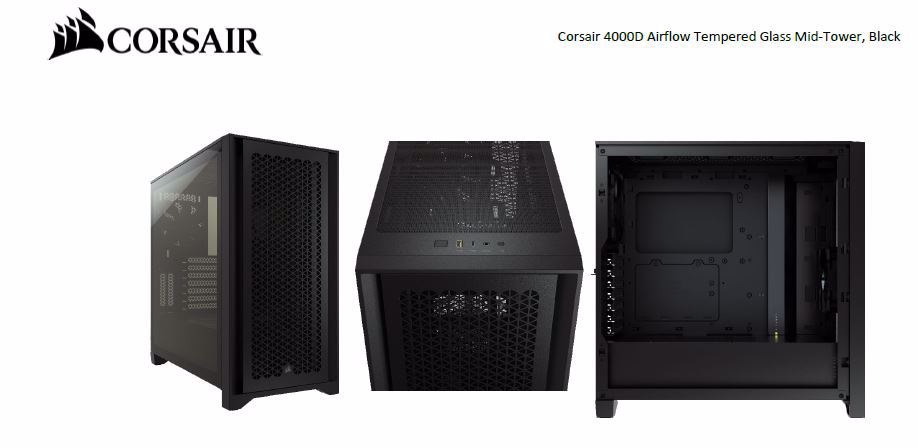 Corsair Carbide Series 4000D Airflow Atx Tempered Glass Black, 2X 120MM Fans Pre-Installed. Usb 3.0 X 2, Audio I/O. Case