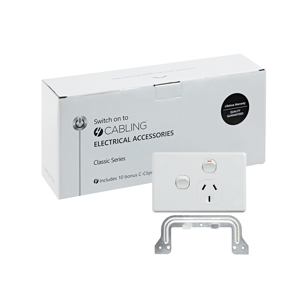 4Cabling 4C | Classic Single Power Point 250V 10A With 16Ax Extra Switch - Horizontal - 10 Pack With 10 Free C-Clips