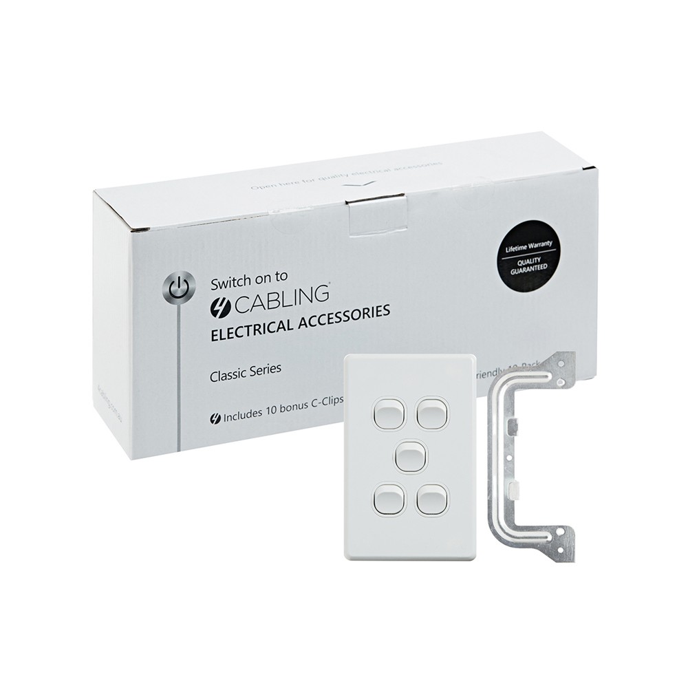 4Cabling 4C | Classic 5 Gang Switch 250V 16Ax - Vertical - 10 Pack With 10 Free C-Clips