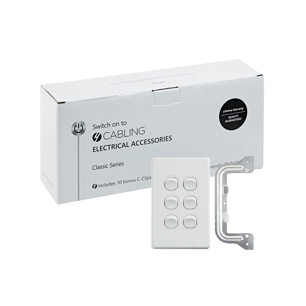 4Cabling 4C | Classic 6 Gang Switch 250V 16Ax - Vertical - 10 Pack With 10 Free C-Clips