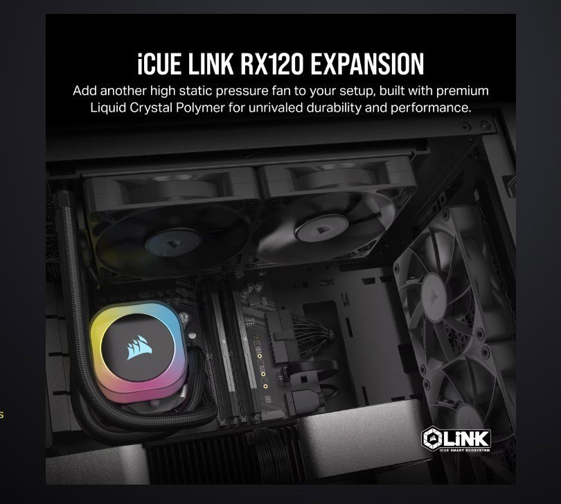 Corsair RX120 Icue Link PWM Single Fan Expansion. Black Fan - Glass Fiber-Reinforced LCP Fan Blades