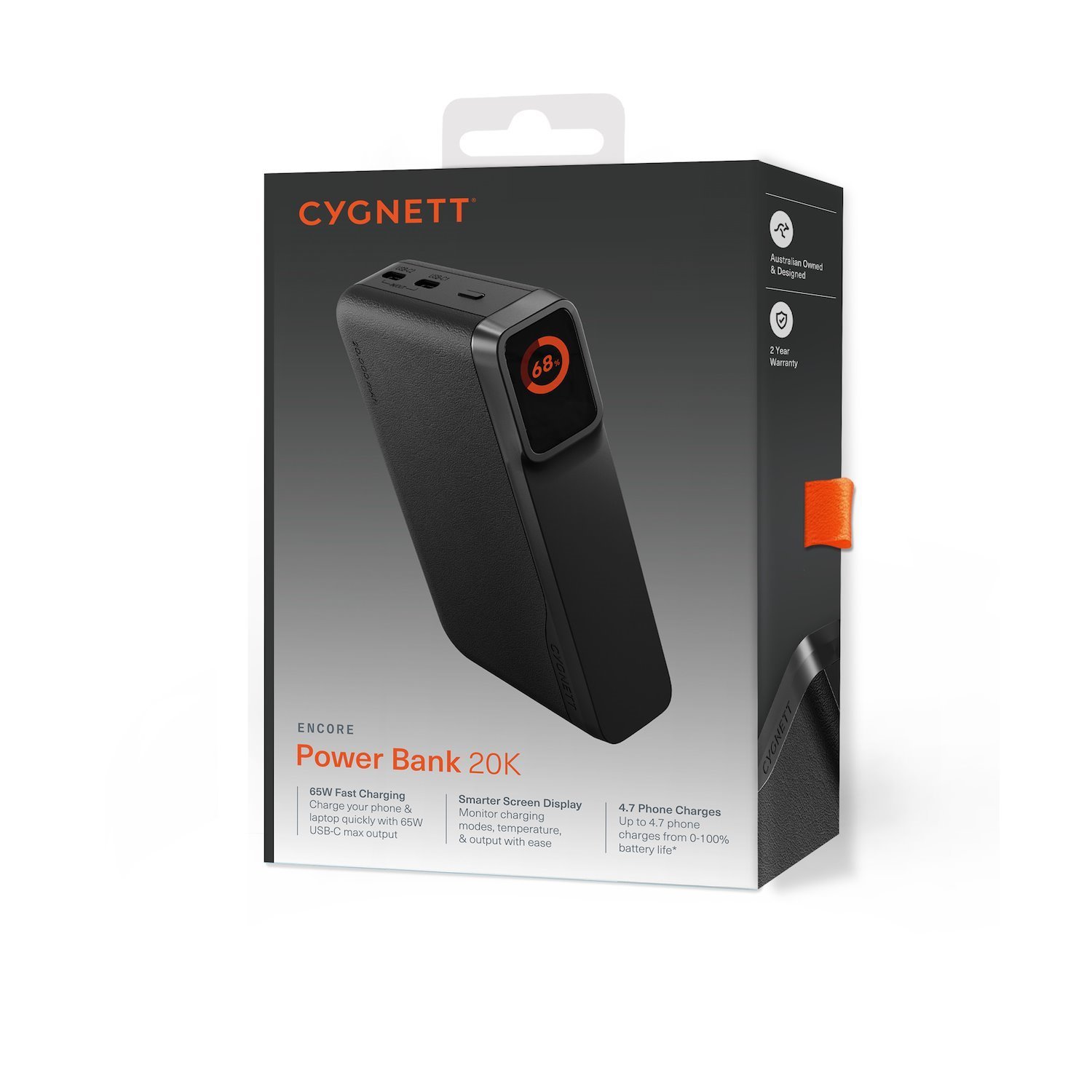 Cygnett Encore 20K mAh Power Bank - Graphite(CY5633PBCHE), 65W, 2X Usb-C PD, 1X Usb-A Ports, Led Display, 2 Years Warranty