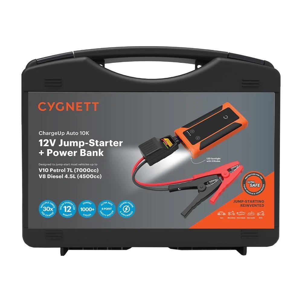 Cygnett ChargeUp Auto 10K mAh Jump-Starter & Power Pack - Orange(CY3577CHAUT),Vehicle Jump Starter Up To V10 Petro 7L V8 Diesel 4.5L,Jump Starting Kit