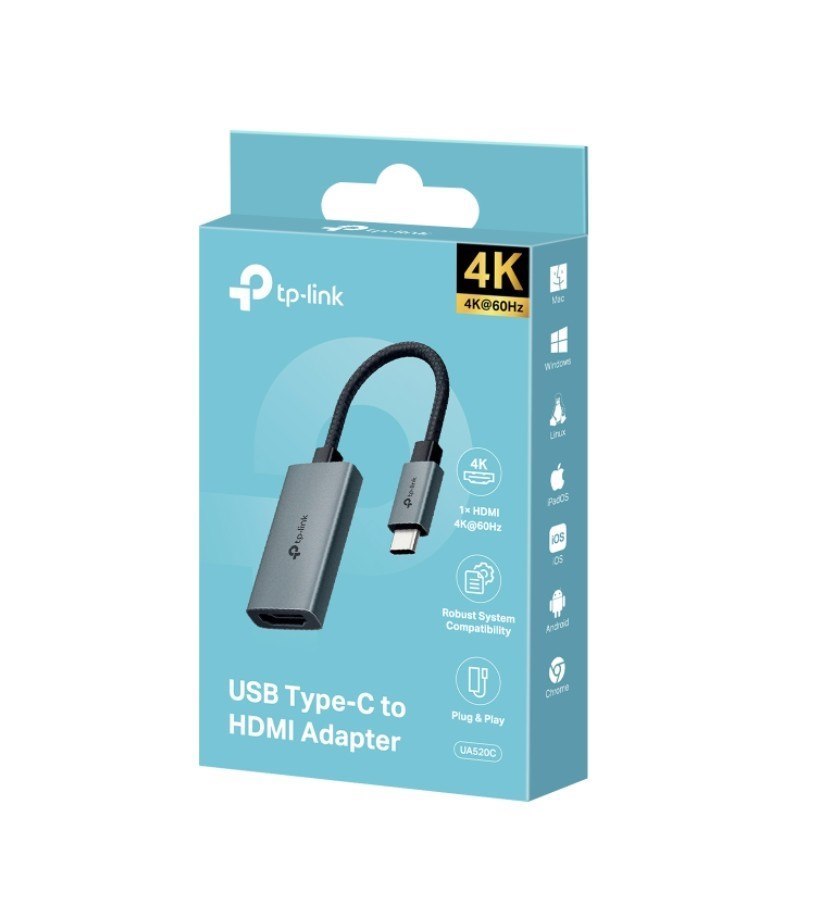 TP-Link Ua520c Usb Type-C To Hdmi Adapter, 1× Usb-C Connector，1× Hdmi 4K 60Hz Port, Plug And Play, Fast Heat Dissipation, Flexible And Durable