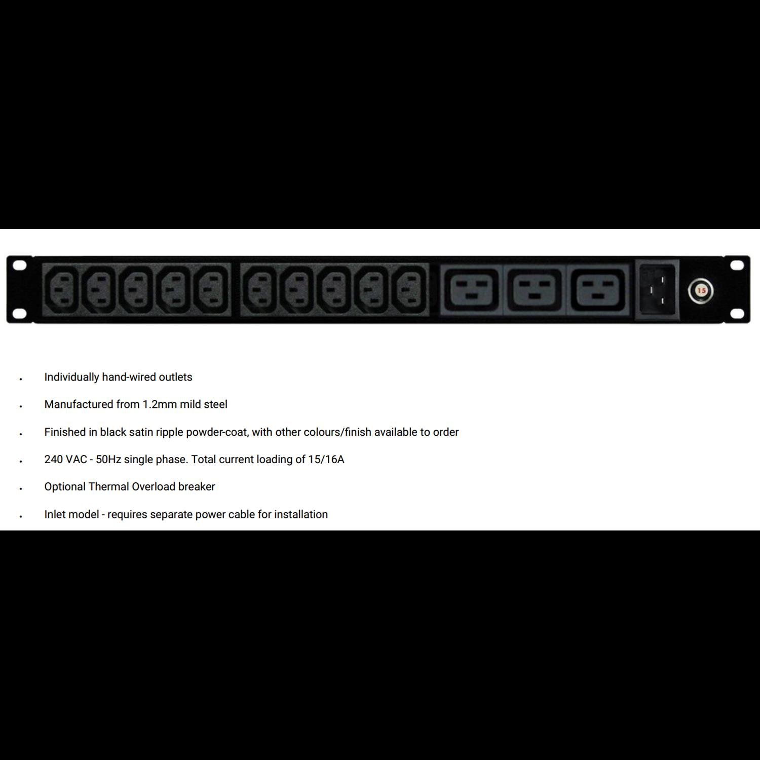 PDU101032-A2T04 - Power strip: 10x IEC C13 10A & 3x IEC C19 16A outlets, 19'' 1RU horizontal mount, 15A total rating, thermal overload breaker, front IEC C20 Inlet