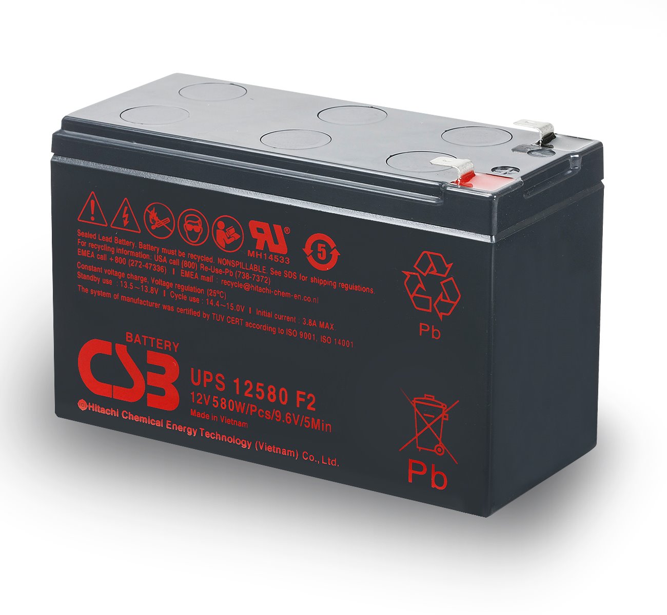 UPS12580 - CSB Battery 12V 48AH 580W at 5 Mins UPS Series (High Rate Discharge) F2 Top Terminal Battery, 1 Year Warranty 
