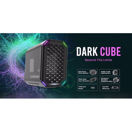 Antec Dark Cube M-Atx, Dual Front Panel, Slide Open Structure, Usb Type-C 3.1, Led Light Bars, Aluminum Alloy Structure, Top Gpu Window Gaming Case