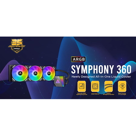 Antec Symphony 360MM Argb Advanced Liquid Cpu Cooler, PWM Led Fan, Ptfe Tubing, Lga 115X, 1200, 2011-V3, 2066, Am4, Am3+ FMx, TR4, 3 YRS Warranty