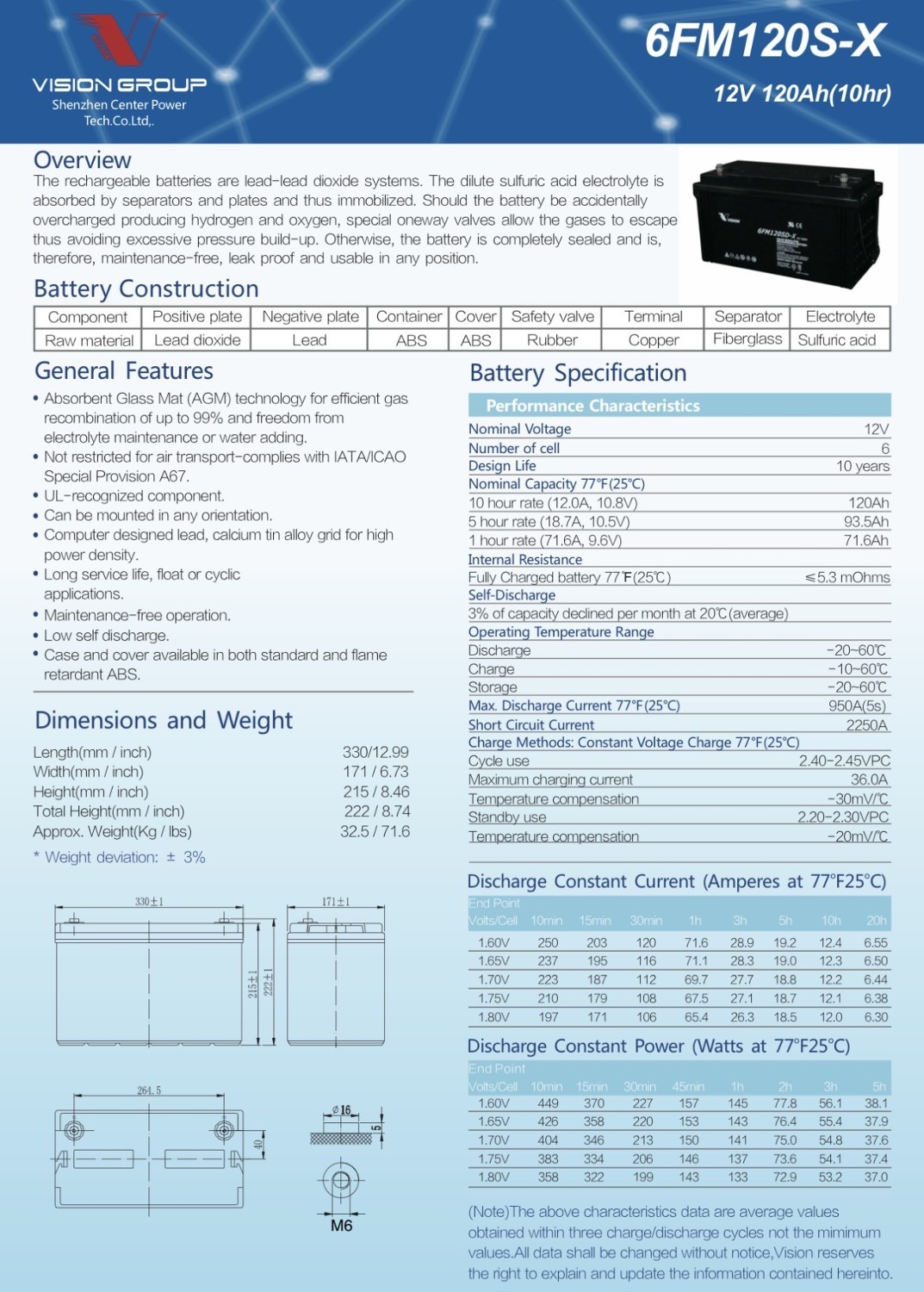 Vision Battery 6FM120S-X 12V 120Ah FM Series (10 Year Design Life) M6