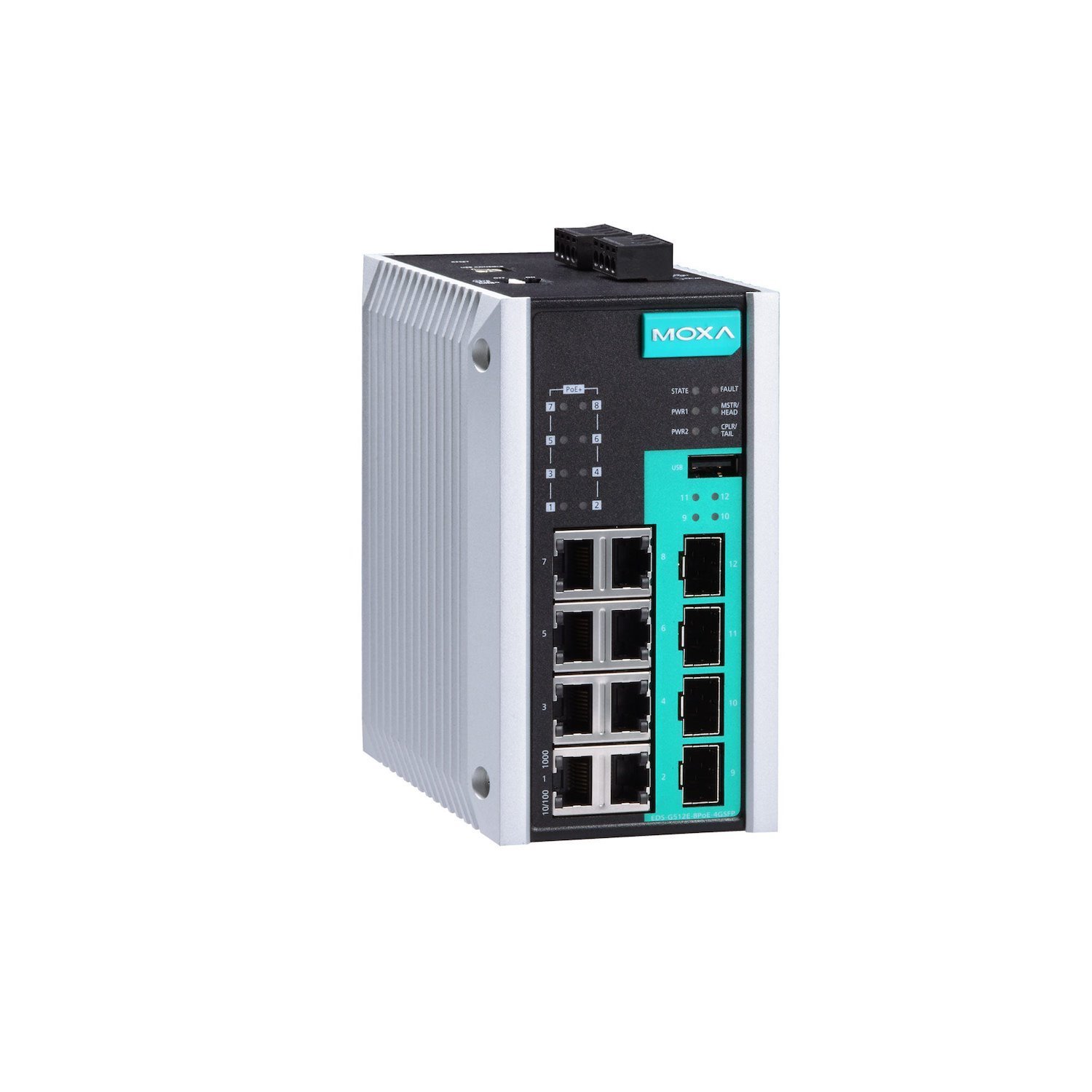 Moxa | 12 Port Full Gigabit Managed Switch, 8 PoE/PoE+ Ports, 4 SFP Slots, -40 To 75°C.