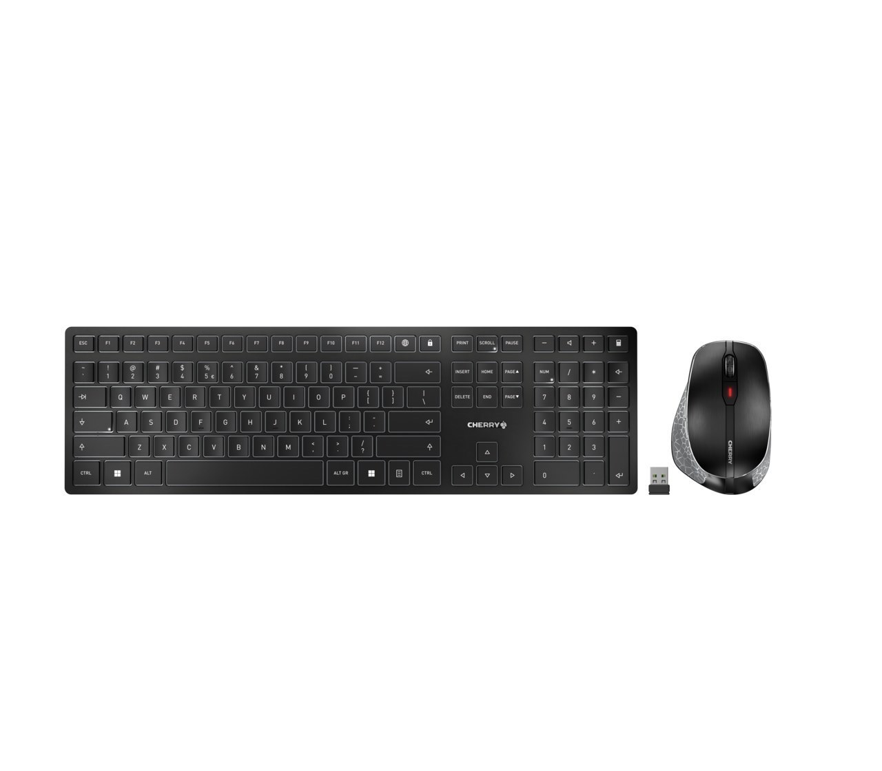 Cherry DW 9500 Slim - Sats Med Tangentbord Och Mus - TRÅDLÖS - 2.4 GHz, Bluetooth 4.0 - Hela Norden - Tangentbrytare: Cherry SX - GRÅ, Svart - Plastfri Förpackning
