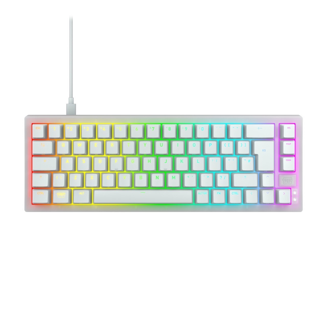 Cherry XTRFY K5V2 - Tangentbord - 65% - Compact - Bakgrundsbelyst - Usb - Qwerty - Nordisk - Tangentbrytare: Cherry Mx2a RÖD (Hot-Swappable) - Vit