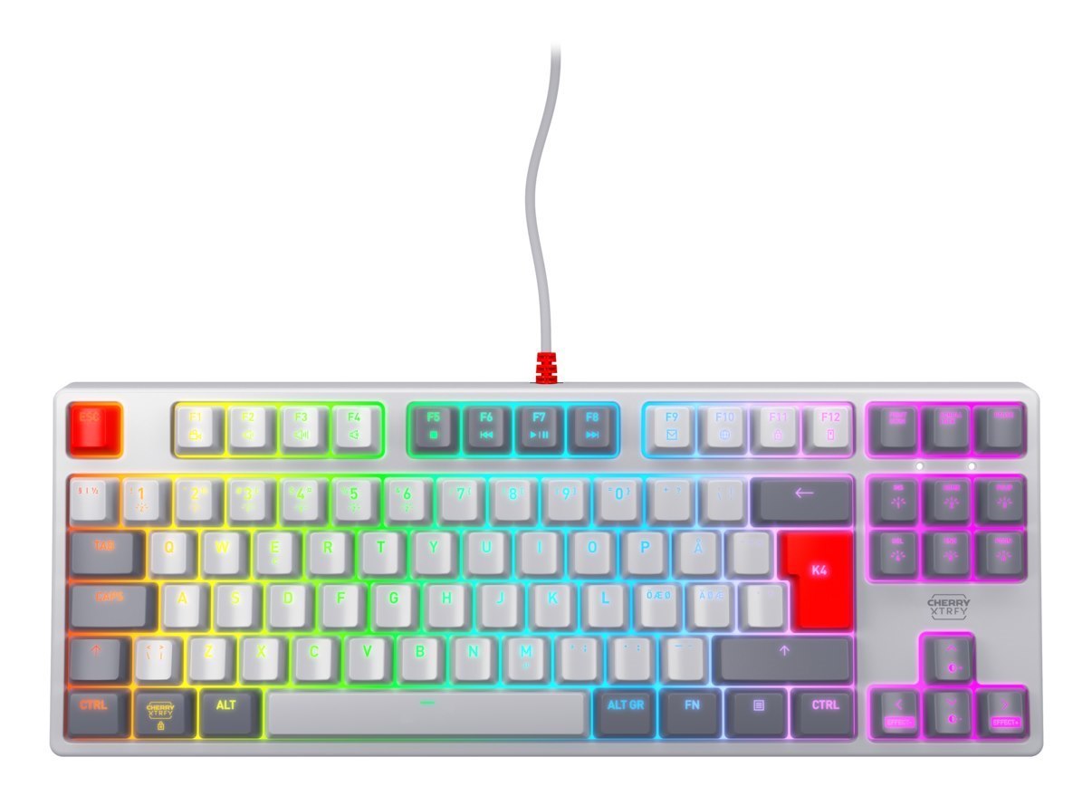 Cherry XTRFY K4V2 - Retro Edition - Tangentbord - RGB - 80% - TKL - Bakgrundsbelyst - Usb - Qwerty - Hela Norden - Tangentbrytare: Cherry Mx2a Red - GRÅ