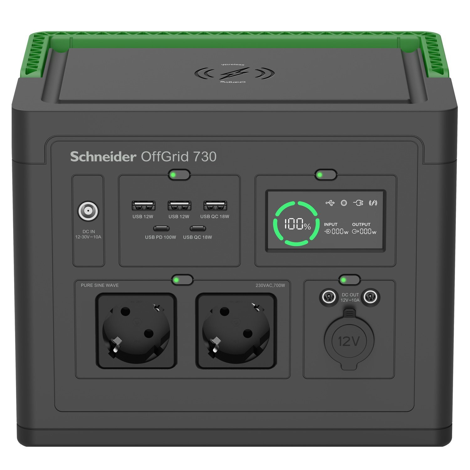 Apc Schneider OffGrid 730 - Bärbar Kraftstation - LCD, Litiumjon, 2 Cee 7/3 Schuko-Uttag, Sinusvåg, 3 Usb-A, 1 Usb-C, TRÅDLÖS Laddare - Ac 195 - 265 / DC 12 -30 V - 700 Watt - Litiumjon - 738 WH - Utg