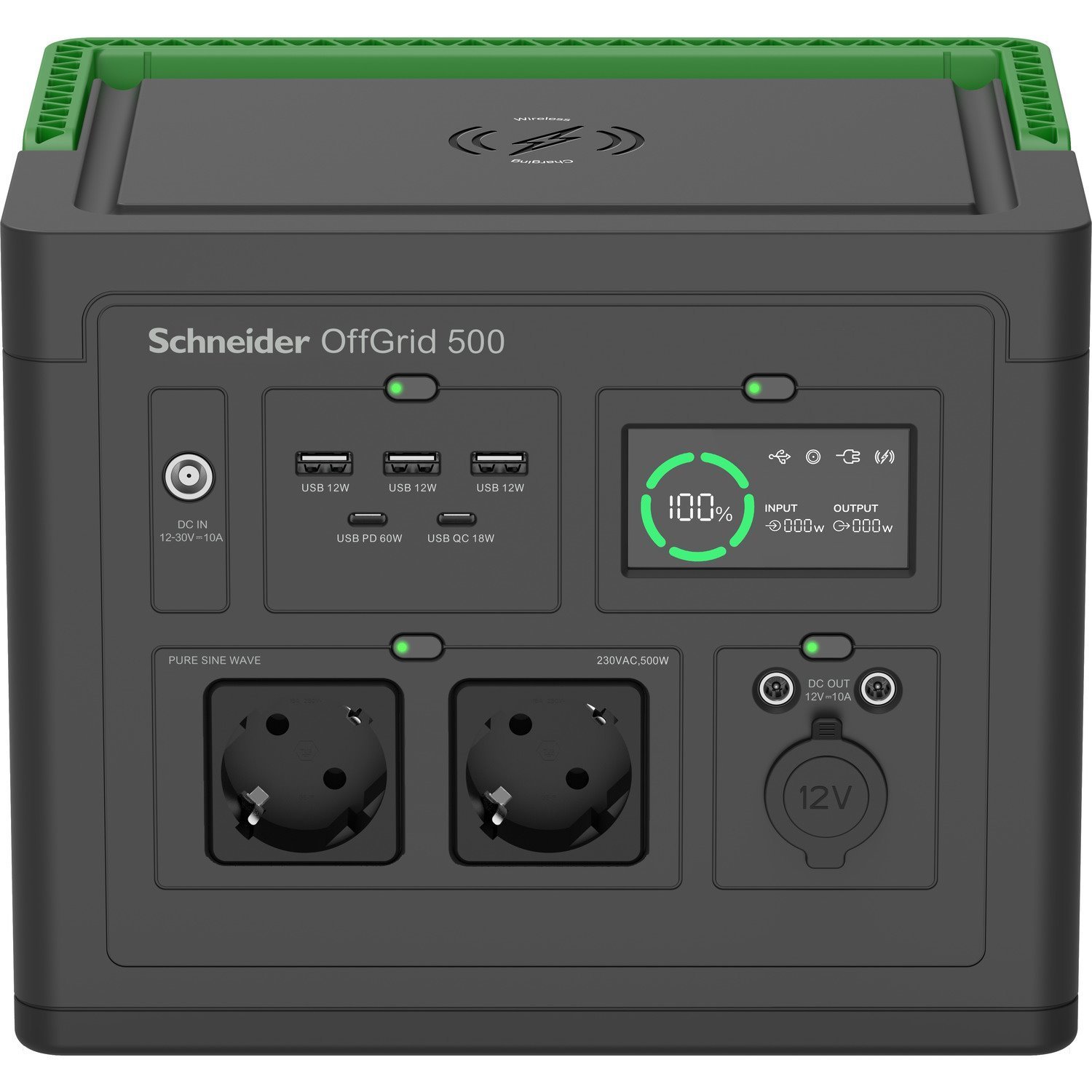 Apc Schneider OffGrid 500 - Bärbar Kraftstation - LCD, Litiumjon, 2 Cee 7/3 Schuko Uttag, Sinusvåg, 3 Usb-A, 2 Usb-C, TRÅDLÖS Laddare - Ac 195 - 265 / DC 12 -30 V - 500 Watt - Litiumjon - 517 WH - Utg