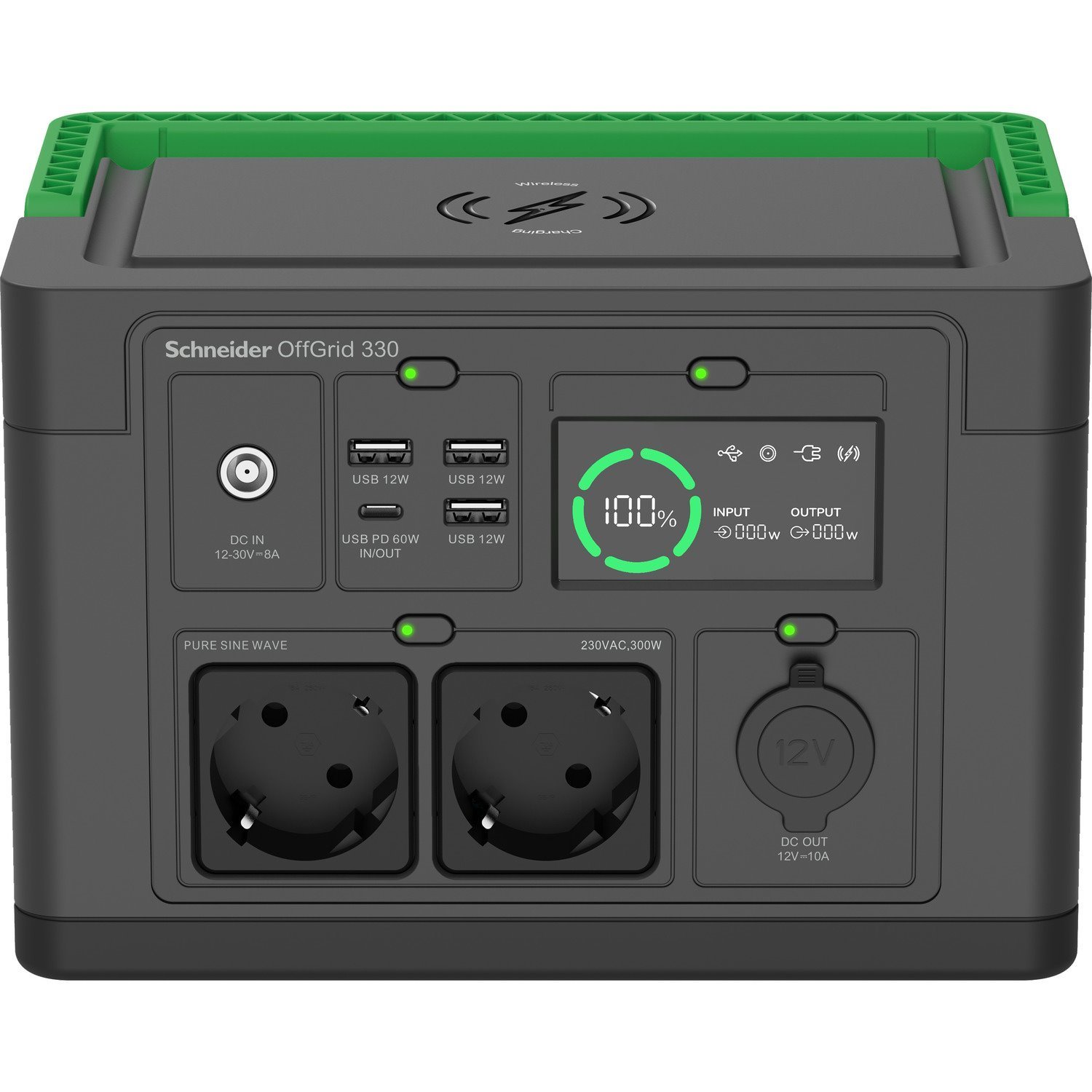 Apc Schneider OffGrid 330 - Bärbar Kraftstation - LCD, Litiumjon, 2 Cee 7/3 Schuko-Uttag, Sinusvåg, 3 Usb-A, 1 Usb-C, TRÅDLÖS Laddare - Ac 230 V - 330 Watt - Litiumjon - 332 WH - Utgångskontakter: 2 -