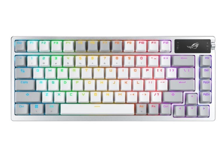 Asus Rog Azoth/Pbt/Wht (Snow Switch) Gaming Keyboard, Oled Display, NX Snow Switch, 75 Keys, Tri-Mode Connection, White, Quiet