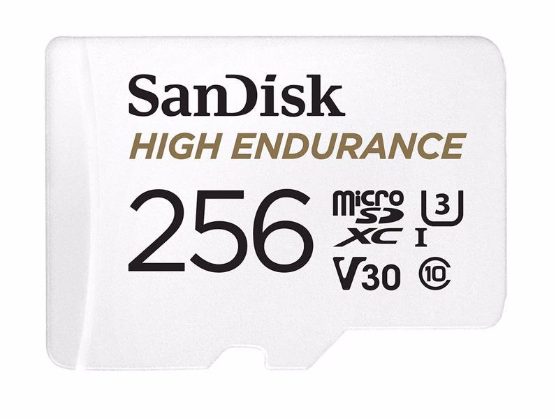 SanDisk High Endurance microSDXC Card, SQQNR 256G, Uhs I, C10, U3, V30, 100MB/s R, 40MB/s W, SD Adaptor, 2Y