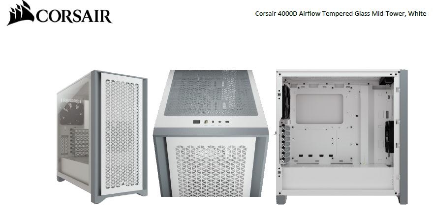 Corsair Carbide Series 4000D Airflow Atx Tempered Glass White, 2X 120MM Fans Pre-Installed. Usb 3.0 X 2, Audio I/O. Case Nda Sep 16