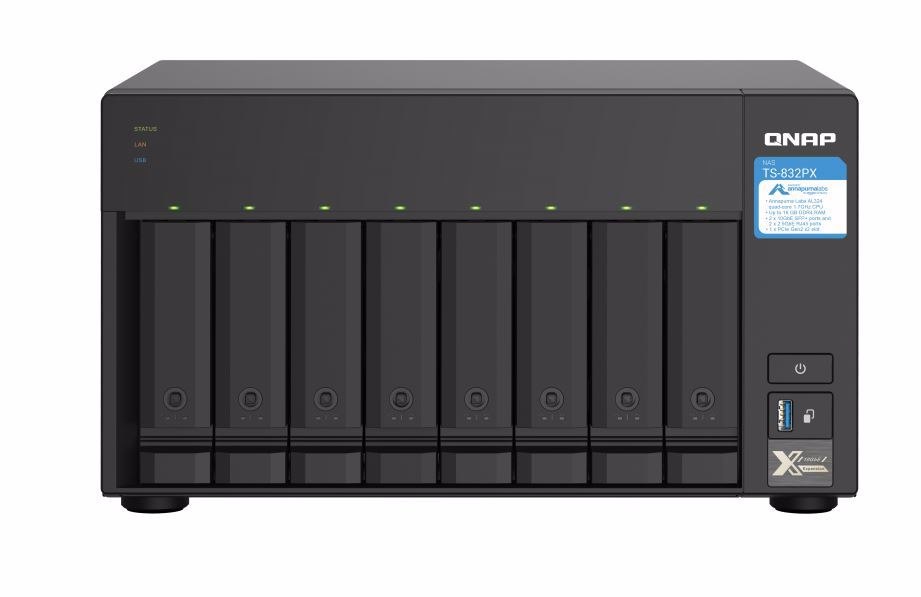 Qnap TS-832PX-4G 8-Bay Nas, Al324 64-Bit Quad-Core 1.7GHz, 4GB DDR4 Sodimm Ram(1 X 4GB, Max 16GB), 8 X 3.5"/ 2.5" Drive Slots, 2 X 10GbE SFP+ Lan, 2 Years WTY