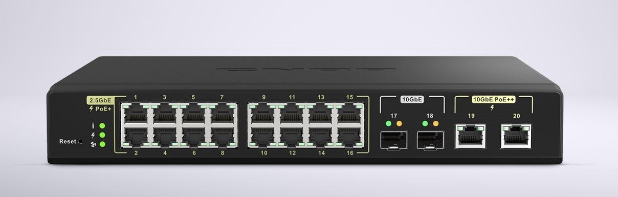 Qnap QSW-M2116P-2T2S, 16 Ports 2.5GbE RJ45 With PoE 802.3at(30W), 2 Ports 10GbE SFP+, 2 Ports 10GbE RJ45 With PoE 802.3bt(90W), Web Managed Switch, 2 Years WTY