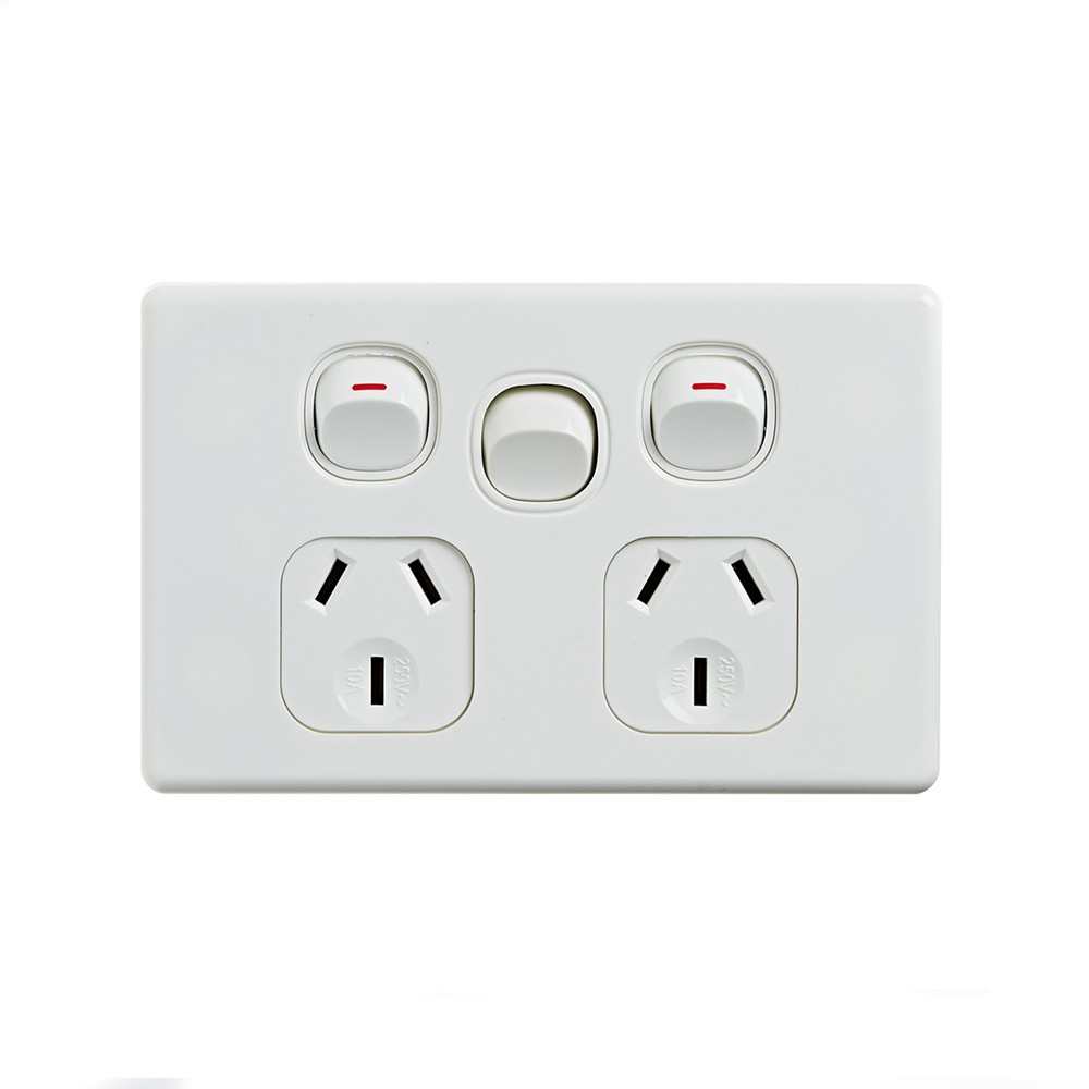 4Cabling 4C | Elegant Double Power Point 250V 10A With Extra Switch - Horizontal