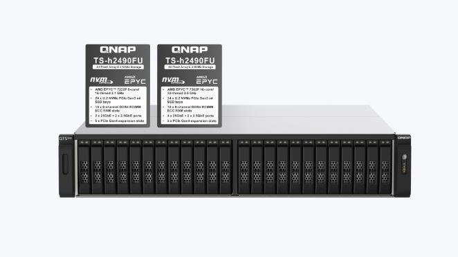 Qnap TS-h2490FU-7302P-128G, 24-Bay All-Flash Nas, NVMe Gen3 X4, Amd Epyc 7302P 3.0GHz, 128GB Ram, 2 X 2.5GbE Lan, 4 X 25GbE SFP28, RP,w/o Rail Kit, 5 YRS WTY