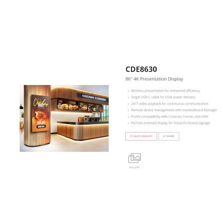 Viewsonic 86' 4K Wireless Commercial Presentation Display With Built-In Viewboard Cast. Cde8630 Wireless Display. Miracast 3YRS On Site WTY