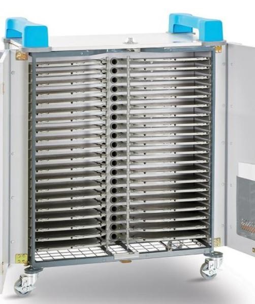 Lapcabby The 'UniCabby 40 Horizontal' Charges 40 Devices Up To 14" Screen Size - Chromebooks, Laptops And Tablets Including Protective Cases. It Features Horizontal Storage Shelves With A Built-In Cab