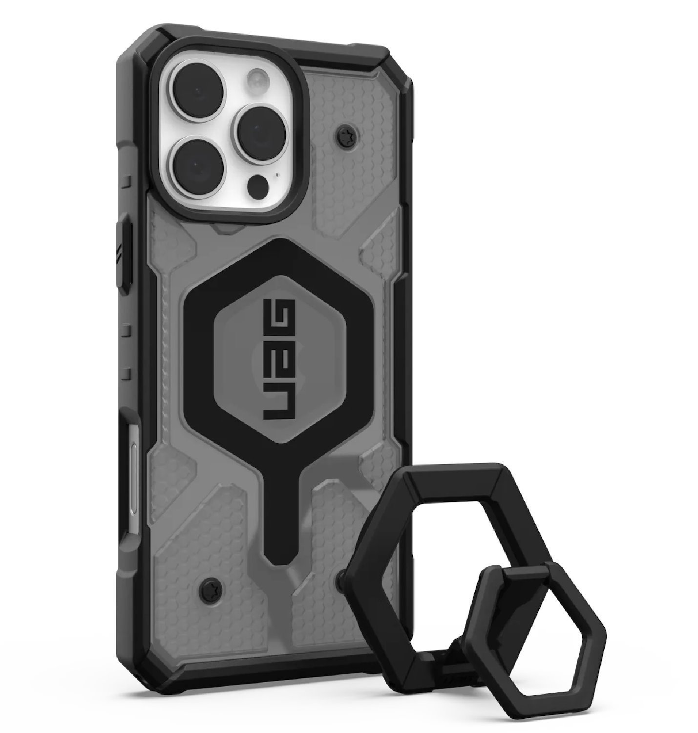 Uag Pathfinder Clear MagSafe Apple iPhone 16 Pro Max (6.9') Rugged Case + Black Ring Stand- Ash(1144651BV02),18ft Drop Protection (5.4M),Tactical Grip