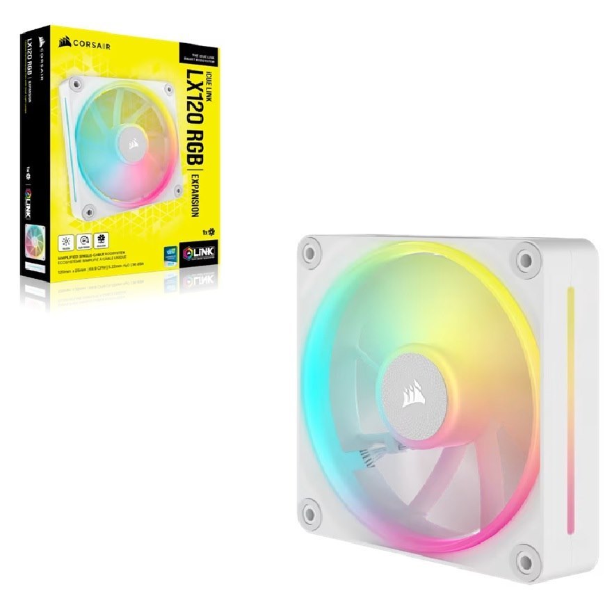 Corsair Icue Link LX120 RGB 120MM PWM Single Fan Expansion - White, Static Pressure Flow Type, 2400 RPM, 69.9 CFM, 36 Dba