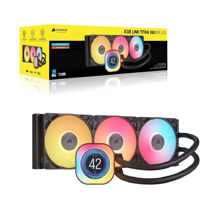 Corsair Icue Link Titan 360 RX LCD Liquid Cpu Cooler - Black: 73.5 CFM, 2100 RPM, 36 Dba, Aluminum Radiator, Copper Cold Plate, Intel/AMD Support