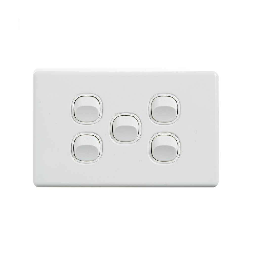 4Cabling 4C | Elegant Wall Switch 5 Gang 250V 16A - Horizontal - 10 Pack With 10 Free C-Clips