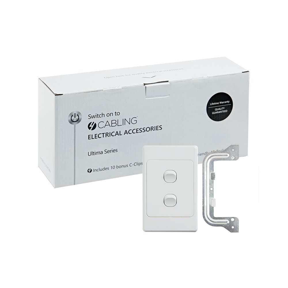 4Cabling 4C | Ultima 2 Gang Switch 250V 16Ax - Vertical - 10 Pack With 10 Free C-Clips