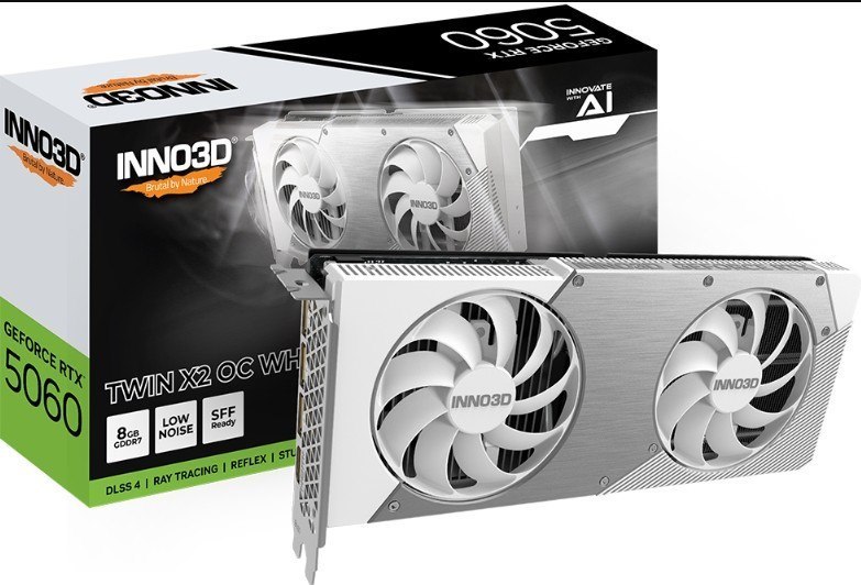 Inno3d nVidia GeForce RTX 5060 Twin X2 Oc White 8GB GDDR7 2527MHz Boost Clock, Ram 28Gbps, 3xDP, 1xHDMI