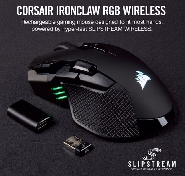 Corsair Ironclaw RGB Wireless, Fps/Moba 18,000 Dpi, Slipstream Corsair Wireless Technology Gaming Mouse