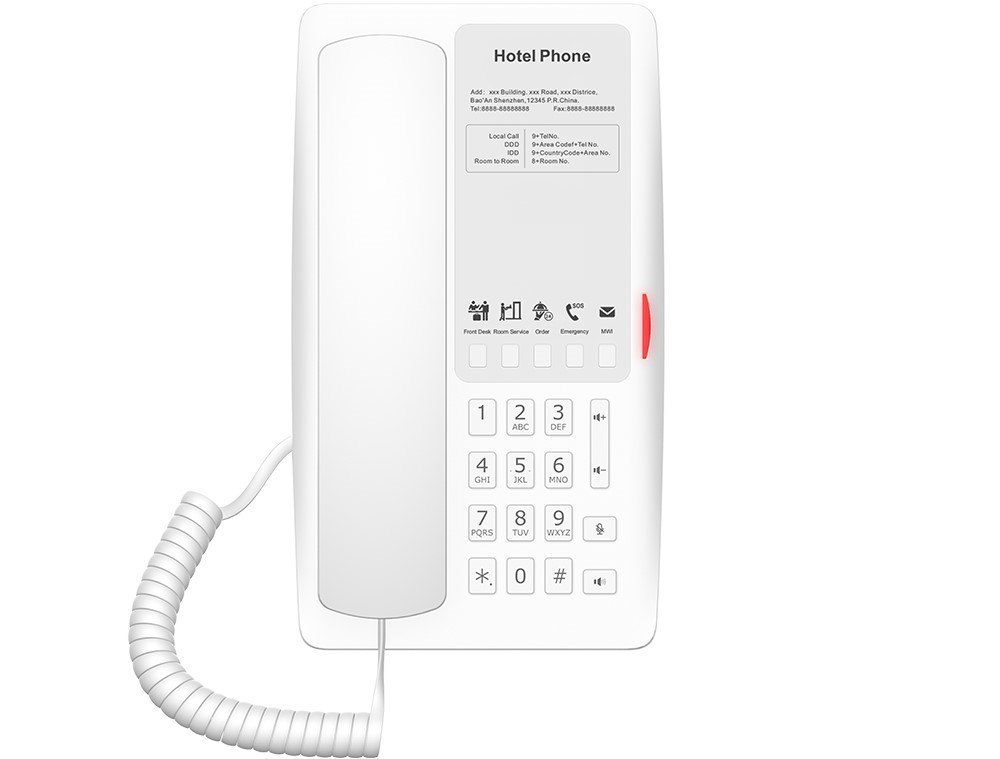 Fanvil, H4 Hotel Ip Phone, White, Cost-Effective Hotel Ip Phone, HD Voice, 0/100Mbps Ethernet, And PoE, 5 Programmable Soft Keys
