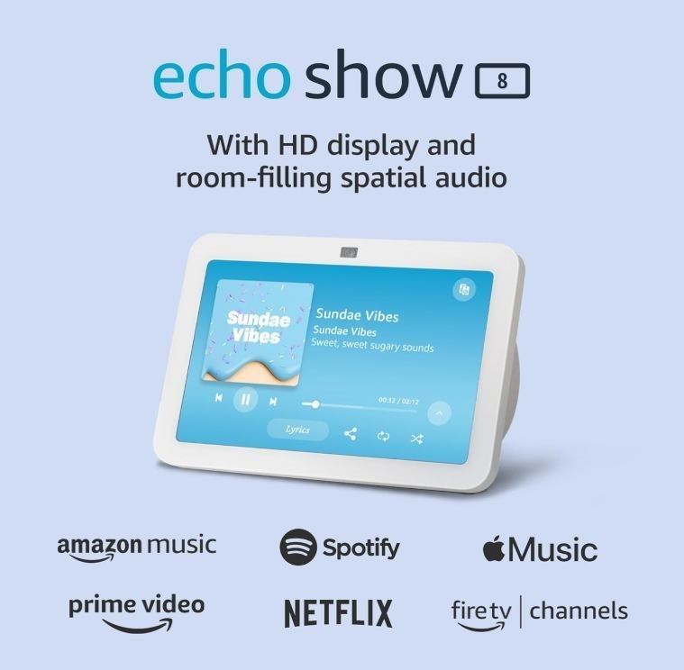 Amazon Echo Show 8 (newest model), With Spatial Audio, Smart Home Hub, and Alexa, Glacier White