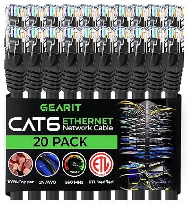 GearIT Cat 6 Snagless Patch Ethernet Cable, 3 Feet (20 Pack) - Black