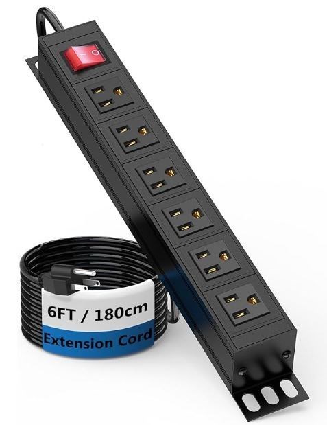 BTU 6 Outlet Power Strip, Metal Mountable Power Strip Surge Protector, Heavy Duty Wall Mount Power Outlet for Commercial, Industrial, Workshop, 6FT Power Cord, 15A/125V 1875W